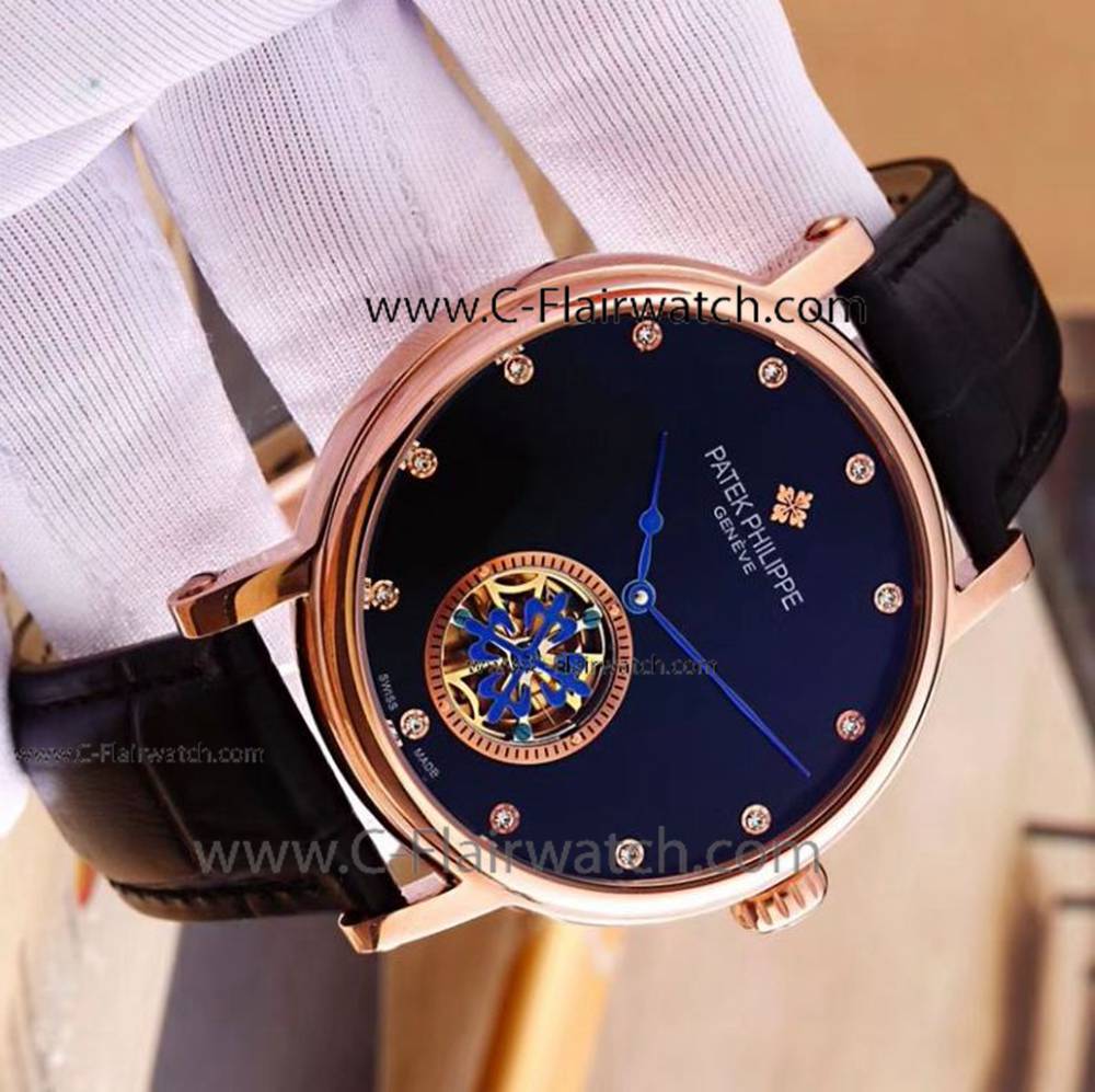 Clone Patek Philippe Tourbillon Watch - Black Diamond Dial